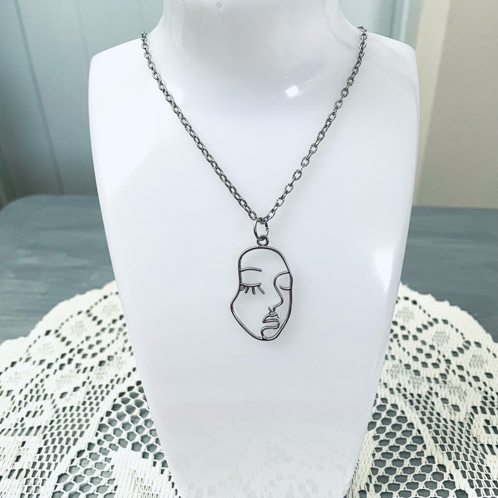 Silver Abstract Face Pendant Necklace